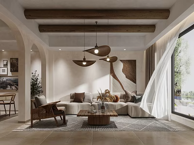 Warm Living And Dining Room Interior With Wooden Beams Pendant Lights And Large Window 3d model