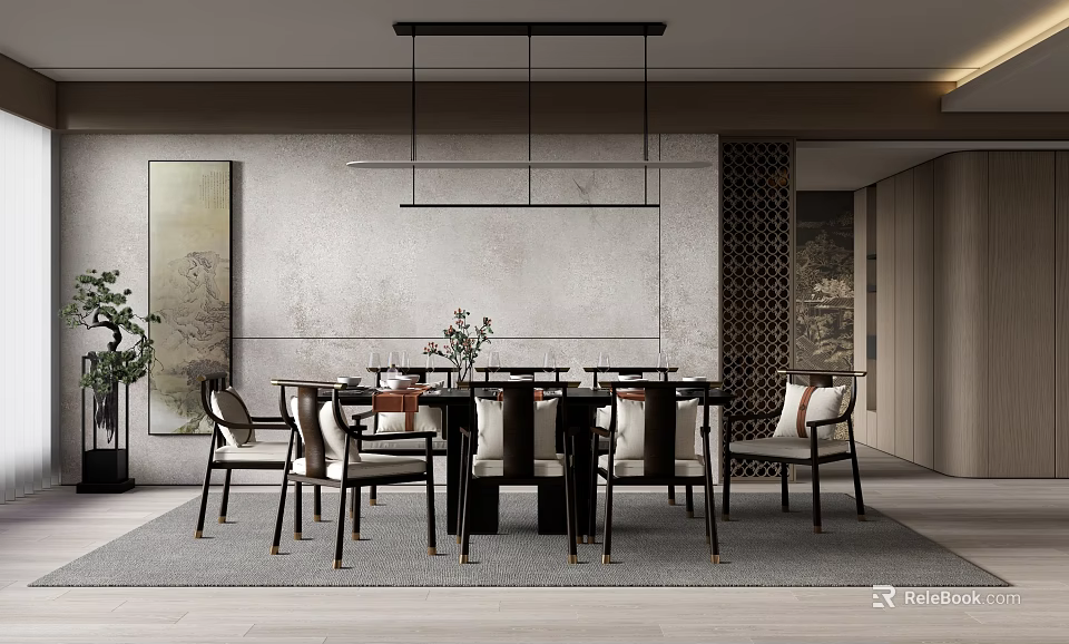 Modern Chinese Restaurant Interior With Round Dining Table Pendant Light And Decorative Screen 3d model