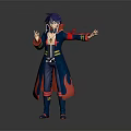 3D Game Movie Character With Blue Purple Hair Dark Blue Coat Red Flame Patterns Pose