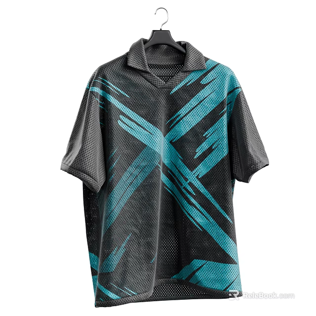 Black and Teal Short Sleeve Polo Shirt with Cross Patterns and Mesh Design 3d model 