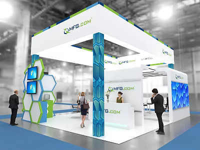 QMF.COM Modern Exhibition Booth With Blue Green Hexagonal Design Display Screens And Professional Staff Interaction 3d model