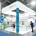 QMF.COM Modern Exhibition Booth With Blue Green Hexagonal Design Display Screens And Professional Staff Interaction