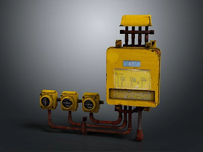 Industrial Yellow Electrical Control Box With Number 095 Three Meters and Rusty Connecting Pipes 3d model