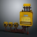 Industrial Yellow Electrical Control Box With Number 095 Three Meters and Rusty Connecting Pipes