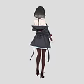 Woman With Black Short Hair Red Eyes Wearing Off Shoulder Top Black Coat And Heels
