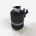 Black Garbage Disposal Kitchen Appliance With Silver Top And Red Blue White Stripes