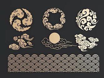 New Chinese-style Carved Xiangyun Gilded Carved Patterns Combination Xiangyun Wave Tile Carved Patterns Combination Pattern Window Round Carved 3d model