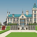 Elegant Detached Villa With Blue Roof White Exterior Grand Steps And Lush Lawn