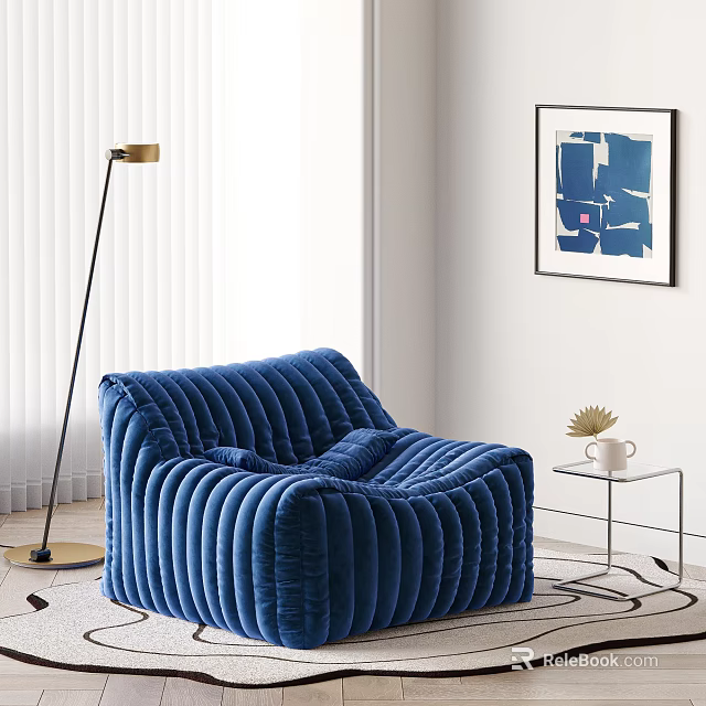 Blue Ribbed Bean Bag Chair with Side Table Plant Floor Lamp and Abstract Painting 3d model 