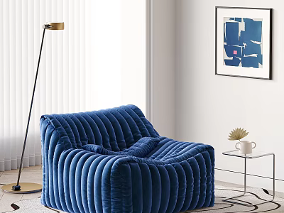 Blue Ribbed Bean Bag Chair with Side Table Plant Floor Lamp and Abstract Painting 3d model
