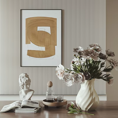 Elegant Decorative Ornaments Combination With Abstract Artwork White Sculpture Flower Vase And Striped Wall 3d model