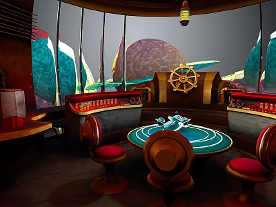 Vintage Casino Game Room With Roulette Table Wooden Furniture And Red Seats 3d model