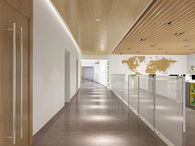 Modern Office Corridor With Wooden Ceiling Glass Partitions And Recessed Lighting 3d model