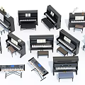 Various Black Pianos And Keyboard Instruments With Music Tools And Stools 3d model