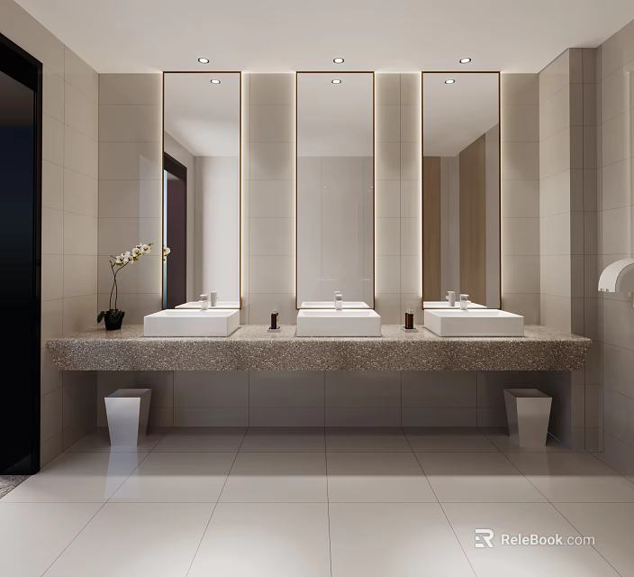Modern Public Restroom Interior With Multiple Sinks Mirrors And White Tile Design 3d model