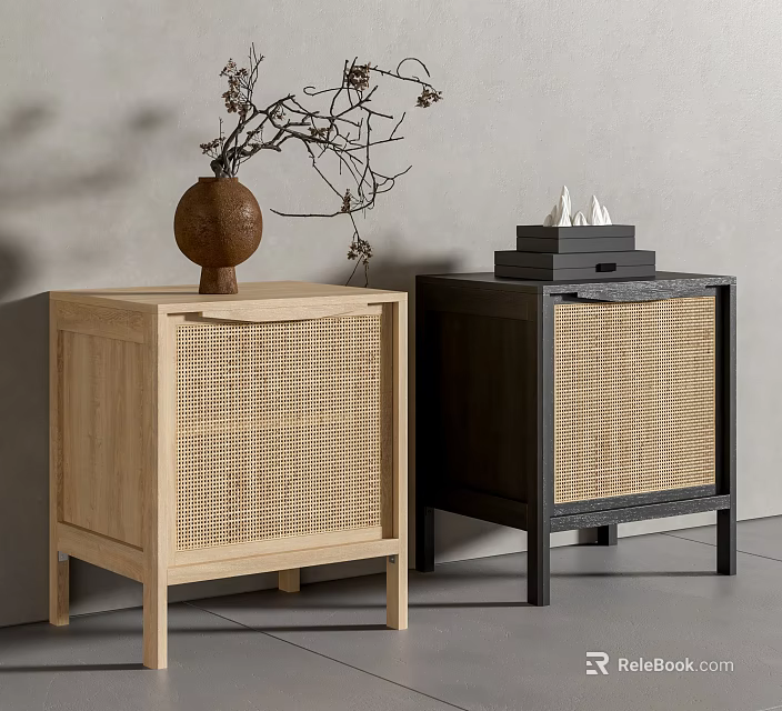 Modern Wooden Nightstands With Rattan Panels And Decorative Vase Dried Branches Incense Box 3d model 