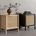 Modern Wooden Nightstands With Rattan Panels And Decorative Vase Dried Branches Incense Box