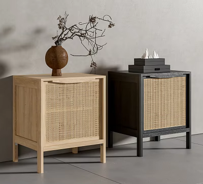 Modern Wooden Nightstands With Rattan Panels And Decorative Vase Dried Branches Incense Box 3d model