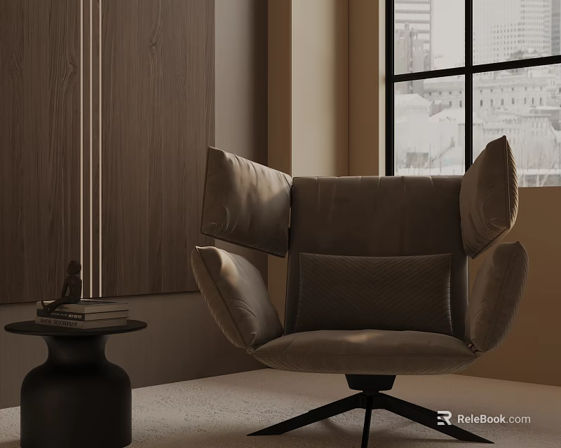 Tan Plush Lounge Chair With Wingback Design Black Metal Base And Side Table By Window 3d model