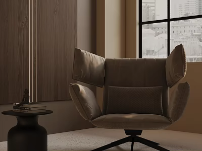 Tan Plush Lounge Chair With Wingback Design Black Metal Base And Side Table By Window 3d model