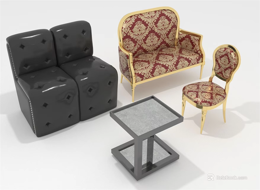Black Tufted and Patterned Sofa Set with Gold Trim Matching Chair and Square Coffee Table 3d model 
