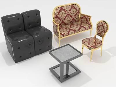 Black Tufted and Patterned Sofa Set with Gold Trim Matching Chair and Square Coffee Table 3d model