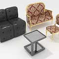 Black Tufted and Patterned Sofa Set with Gold Trim Matching Chair and Square Coffee Table