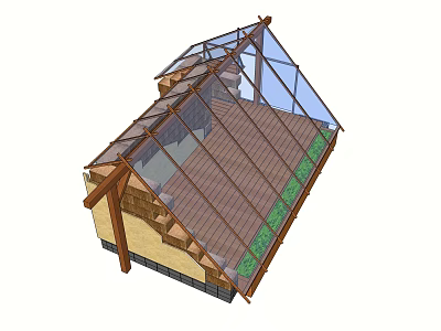 Tent Structure With Glass Roof Wooden Frame And Green Plants On Wooden Floor 3d model