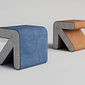 Modern Geometric Sofa Stools With Blue Brown Upholstery And Gray Frame 3d model