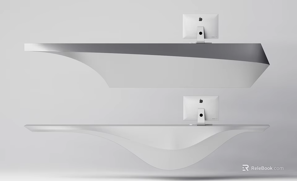 Modern Reception Desk With Sleek Curved Structure And Dual Computer Monitors 3d model