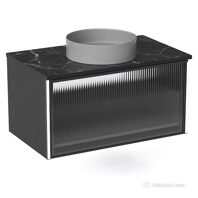 Modern Bathroom Washbasin with Black Countertop and Gray Circular Basin and Vertical Stripe Cabinet Design 3d model 
