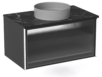 Modern Bathroom Washbasin with Black Countertop and Gray Circular Basin and Vertical Stripe Cabinet Design 3d model