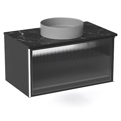 Modern Bathroom Washbasin with Black Countertop and Gray Circular Basin and Vertical Stripe Cabinet Design 3d model