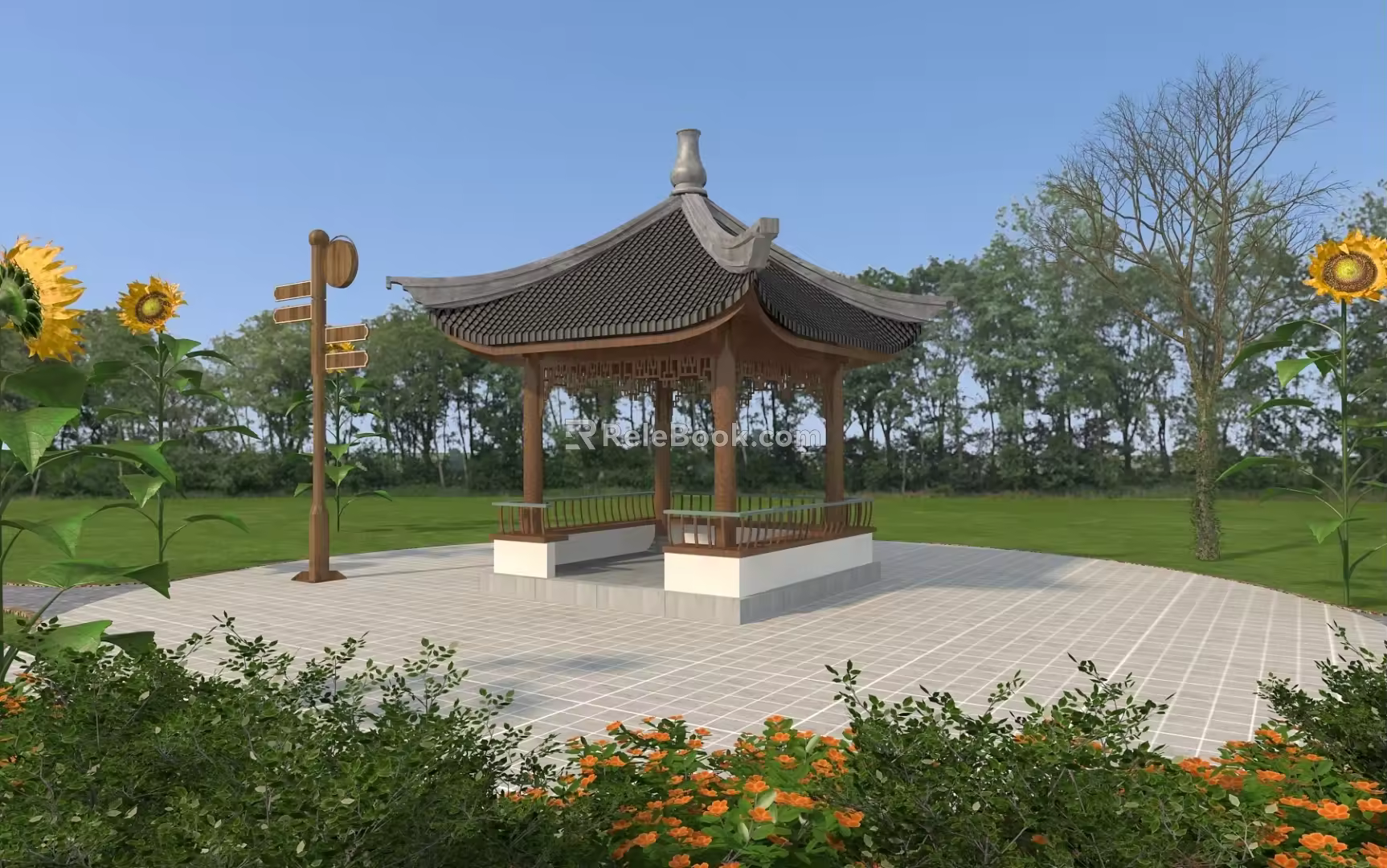 Modern park pavilion rest pavilion Chinese pavilion retro pavilion ethnic style pavilion rest stool park signboard 3d model