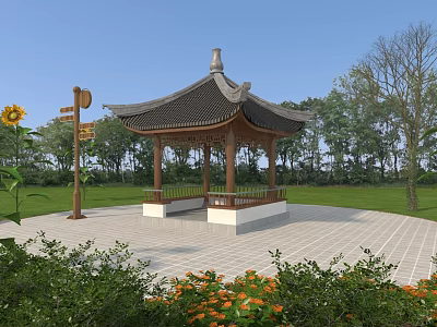 Outdoor Signpost in Park with Chinese Style Pavilion Green Lawn Lush Trees and Sunflowers 3d model