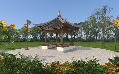 Modern park pavilion rest pavilion Chinese pavilion retro pavilion ethnic style pavilion rest stool park signboard 3d model