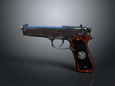 Colt Metallic Pistol With Wooden Grip And Emblem On Dark Background 3d model