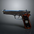 Colt Metallic Pistol With Wooden Grip And Emblem On Dark Background