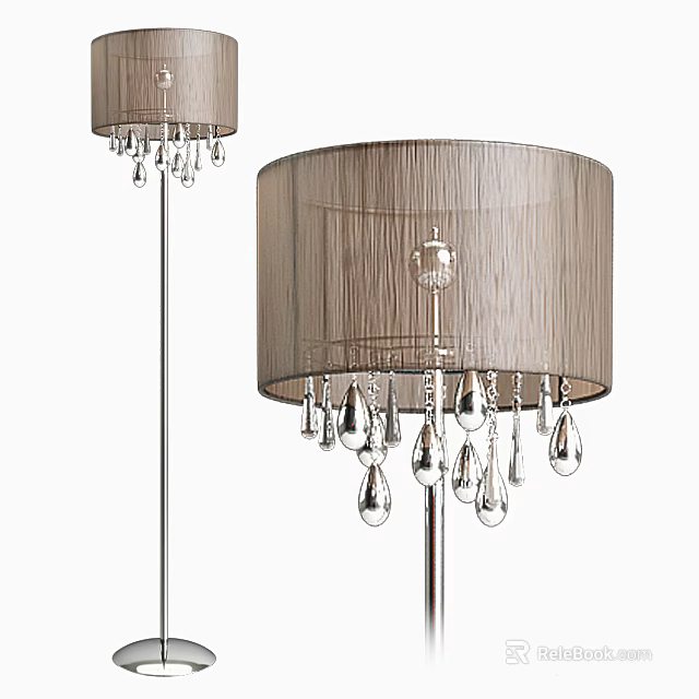 Modern Floor Lamp With Gray Fabric Shade And Hanging Crystal Droplet Decorations 3d model 
