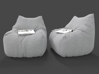 Two Gray Linen Bean Bag Chairs with Magazines for Comfortable Seating 3d model