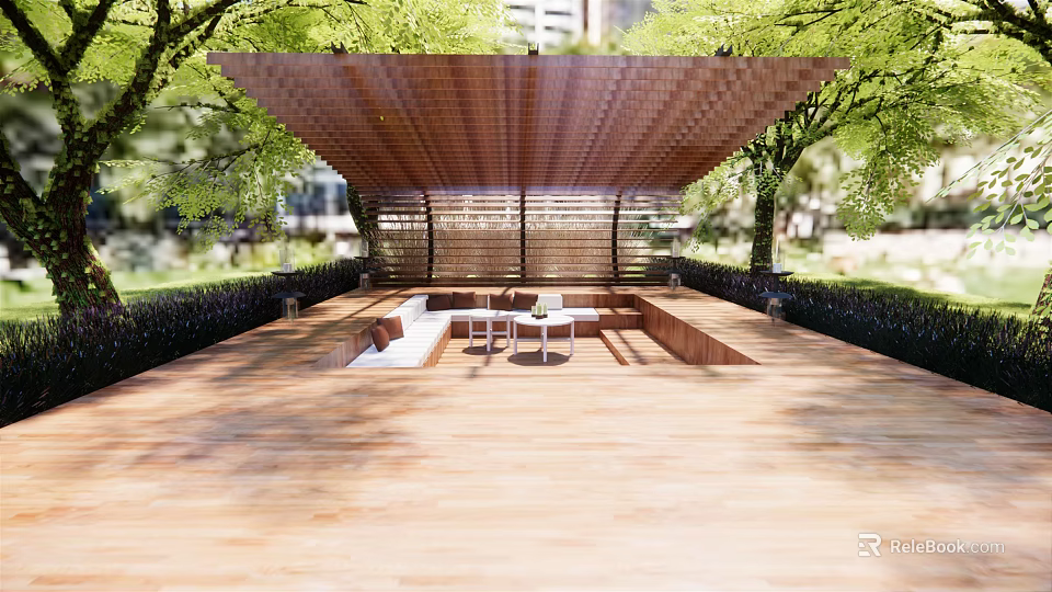 Modern Wooden Pergola With Latticed Roof And Seating Area Surrounded By Green Trees 3d model 