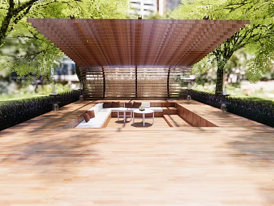 Modern Wooden Pergola With Latticed Roof And Seating Area Surrounded By Green Trees 3d model