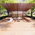 Modern Wooden Pergola With Latticed Roof And Seating Area Surrounded By Green Trees