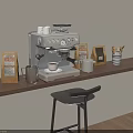 Modern Coffee Machine With Coffee Cups Beans Bag Milk Frother On Wooden Shelf In Kitchen