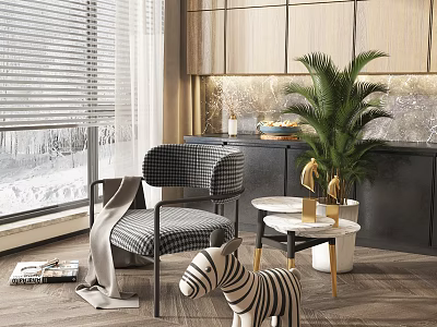 Checkered Accasional Chair With Small Side Table Blanket And Potted Plant In Modern Living Room 3d model