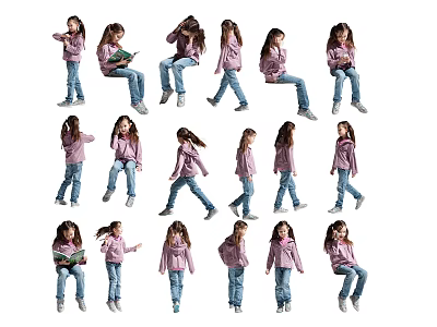Multiple Girls in Pink Tops and Blue Jeans Showing Various Poses 3d model