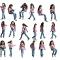 Multiple Girls in Pink Tops and Blue Jeans Showing Various Poses