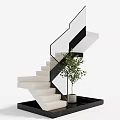 Modern Staircase Design With Glass Railing White Steps And Green Plant In White Planter