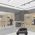 Modern Retail Store Interior With Display Cases Showcasing Clothing Shoes And Small Electric Car