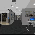 Public Office Space With Open Layout Work Desks Computers Chairs Wall Posters And Grey Carpet 3d model